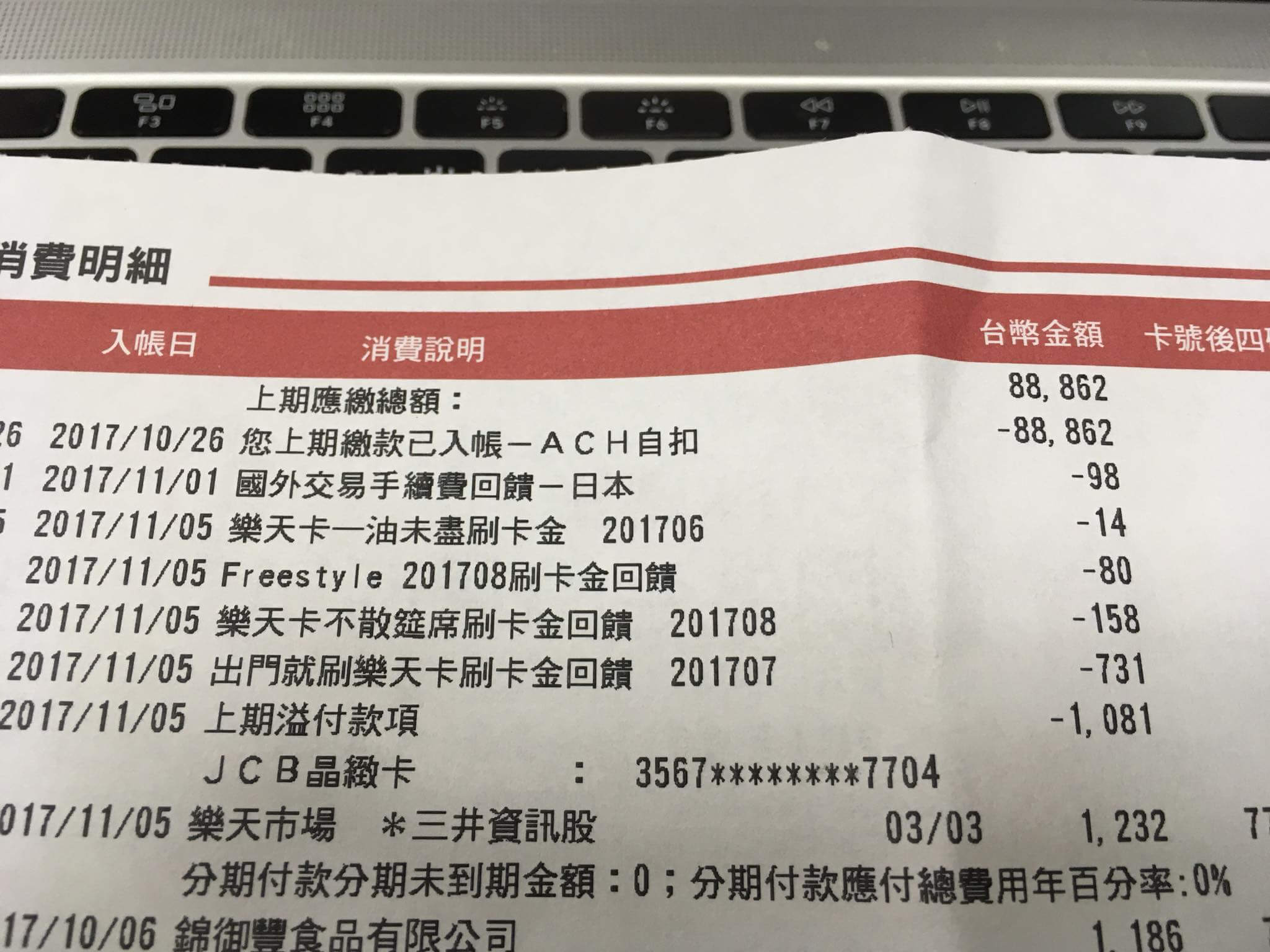 樂天信用卡月底帳單點數回饋